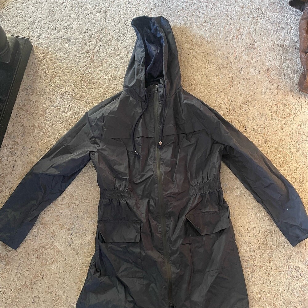 Womens Hooded Raincoat Jacket Navy Blue Size M Full Zip Drawstring Pockets